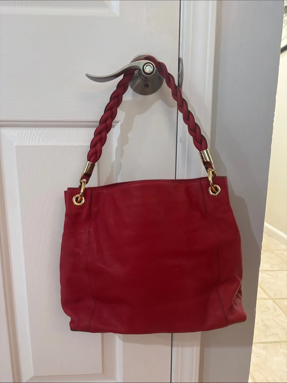Michael Kors Braided-Handle Red Leather Shoulder Bag with MK Charm